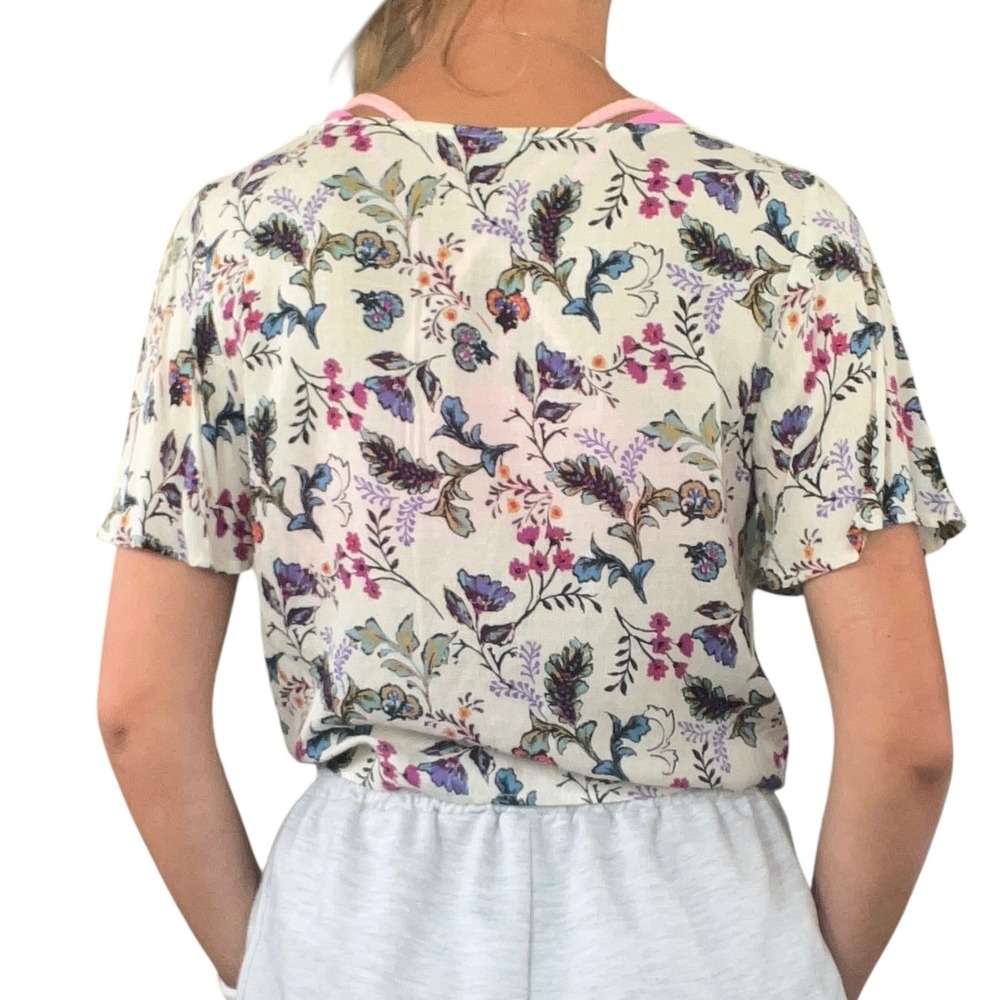 ONE Clothing LA Women's XS Cream Pink Floral Tie Front Short Sleeves Crop Blouse - Picture 16 of 16